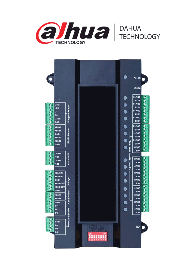 DAHUA VTM416 - Panel para Control de Elevadores administra 16 pisos, admite 8 paneles por conexión RS485 para administrar hasta 128 piso/ 30,000 Registros/ 1 Lector Wiegand/ 2 Lectores RS485/ 6 E&S/ 2 Salidas de Alarma / Plataforma DSSPro