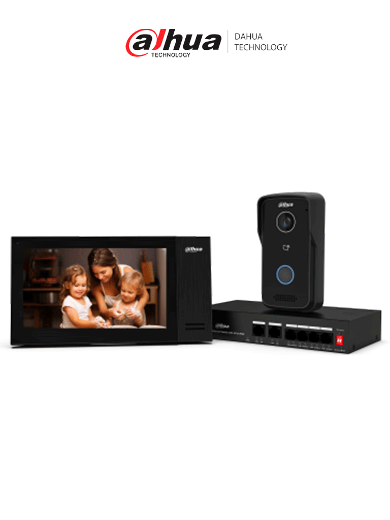 DAHUA KITKTP02 -V2 - Kit de Videoportero IP/ Monitor de 7 Pulgadas con Memoria Embebida de 8 GB/ 6&1 E&S de Alarma/ Frente de Calle IP65/ Apertura Remota/ Soporta Apertura Remota y con Tarjetas Mifare (IC Card)/ Switch de 4 Puertos PoE 10/100/ #LoNuevo