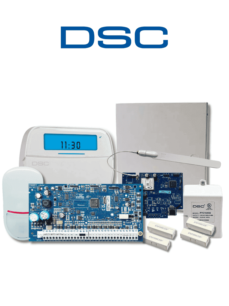 DSC NEO-ICON-IPLTE-SB - Paquete SERIE NEO con panel HS2032 de 8 zonas cableadas expandible a 32/Teclado de Iconos HS2ICN /Sensor PIR LC200 Cableado/2 contactos blancos cableados/Transformador/Gabinete GTVCMX003/Comunicador Dual TL280LE/Sin Batería #HSDSC