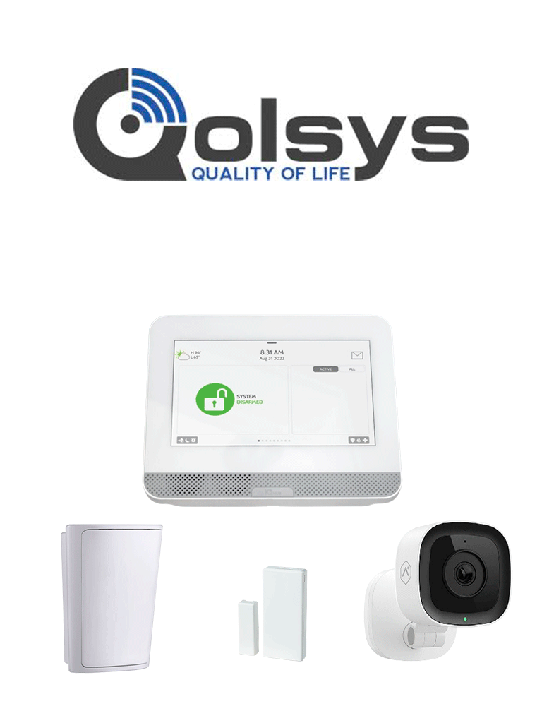 QOLSYS IQ4 HUB Video Basico - Paquete que contiene Sistema de Alarma IQ 4 HUB , con pantalla táctil de 7", Power G 915 Mhz  1 sensor PIR inalámbrico PG9914, 1 sensores magnéticos inalámbrico PG9303 y Cámara Interior alarm.com ADCV523