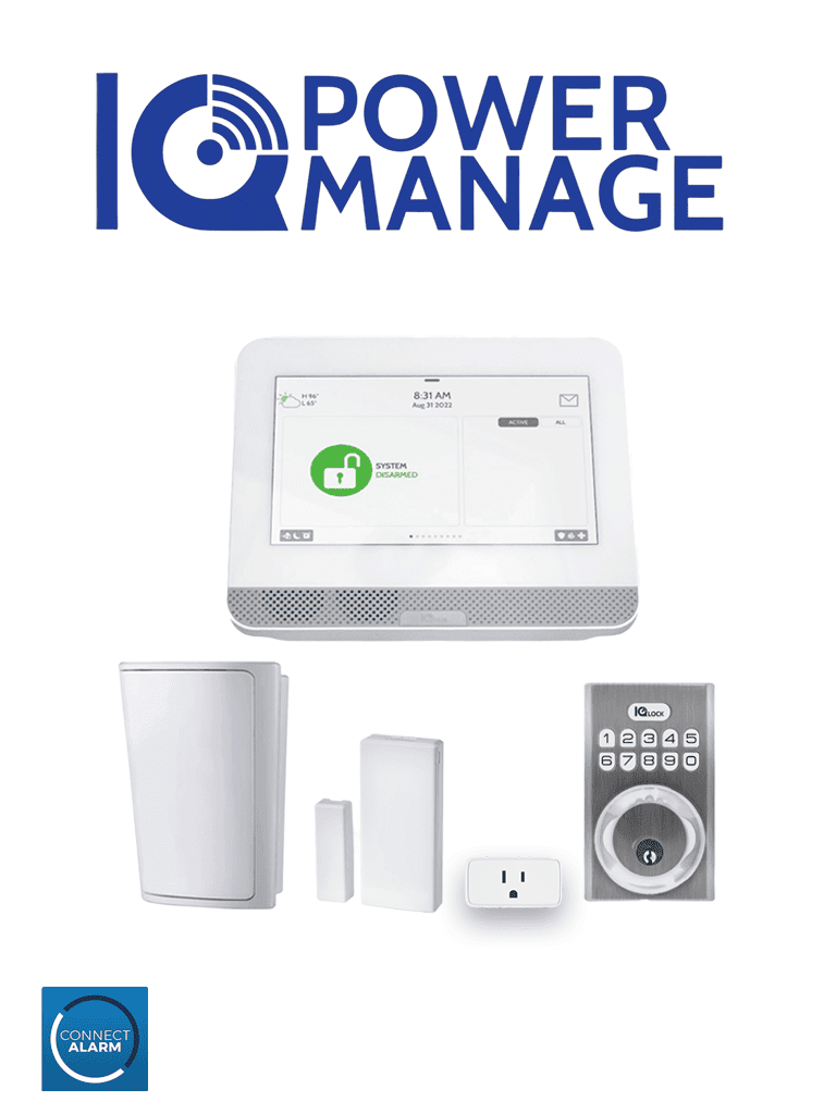QOLSYS IQ4 HUB POWER MANAGE Automation KIT - Paquete que contiene Sistema IQ 4 HUB POWER MANAGE, con pantalla táctil de 7",  1 sensor PIR inalámbrico PG9914, 1 sensor magnético inalámbricos PG9303, 1 enchufe inteligente y una cerradura Power G
