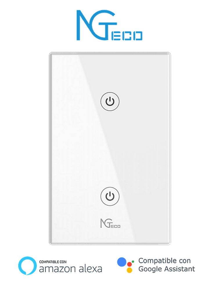 NGTECO NGS102 - Apagador Inteligente WiFi 2 Botones Touch / Control Remoto vía App / Control por Voz / Temporizador / Panel Táctil de Alta Sensibilidad / WiFI 2.4 GHz / Se requiere Cable Neutro / Compatible con Alexa y Asistente de Google #NG1