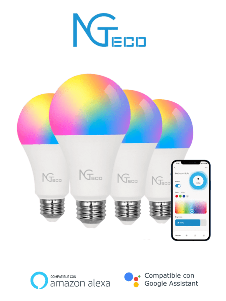 NGTECO NGL200PAQ4 - Paquete de 4 Focos Inteligentes WiFi / Colores Regulables / Control Remoto vía App / Control de Voz mediante Amazon Alexa y Asistente de Google / Temporizador