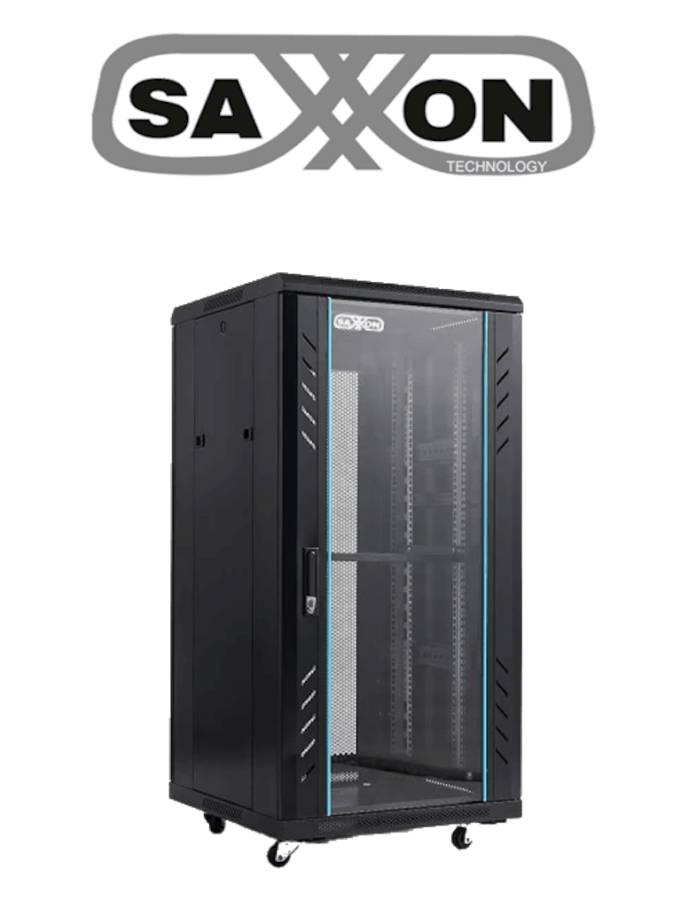 SAXXON SXR22U6622S - Gabinete de Piso color Negro / 22UR / Puerta de Vidrio Templado / Alto 109 cm / Ancho 60 cm / Profundidad 60 cm / Incluye Base con 2 Ventiladores 220V