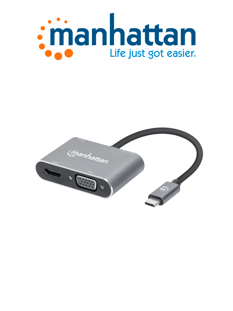 MANHATTAN 130691 - Docking Station de USB-C a HDMI y VGA, 4 en 1, con suministro de energía USB 3.2 tipo C macho a HDMI (4K a 30 Hz), VGA (1080p a 60 Hz), USB-A (5 Gbps) y USB-C PD (87 W) hembra, carga de transferencia, aluminio, gris espacial